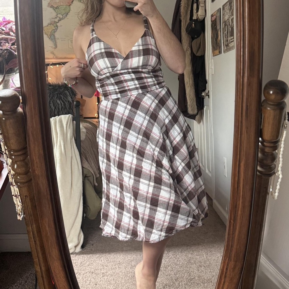American Vintage Brown & White Plaid Midi Sundress